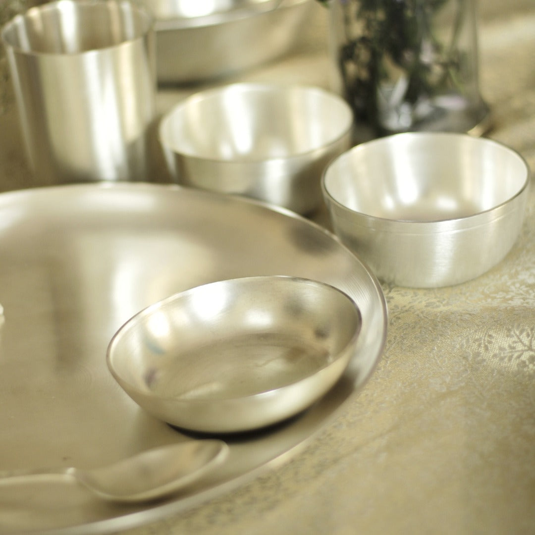 Engraved Pure Silver Plated Kansa Thali Set – Elegant Gift for Festive & Wedding Occasions