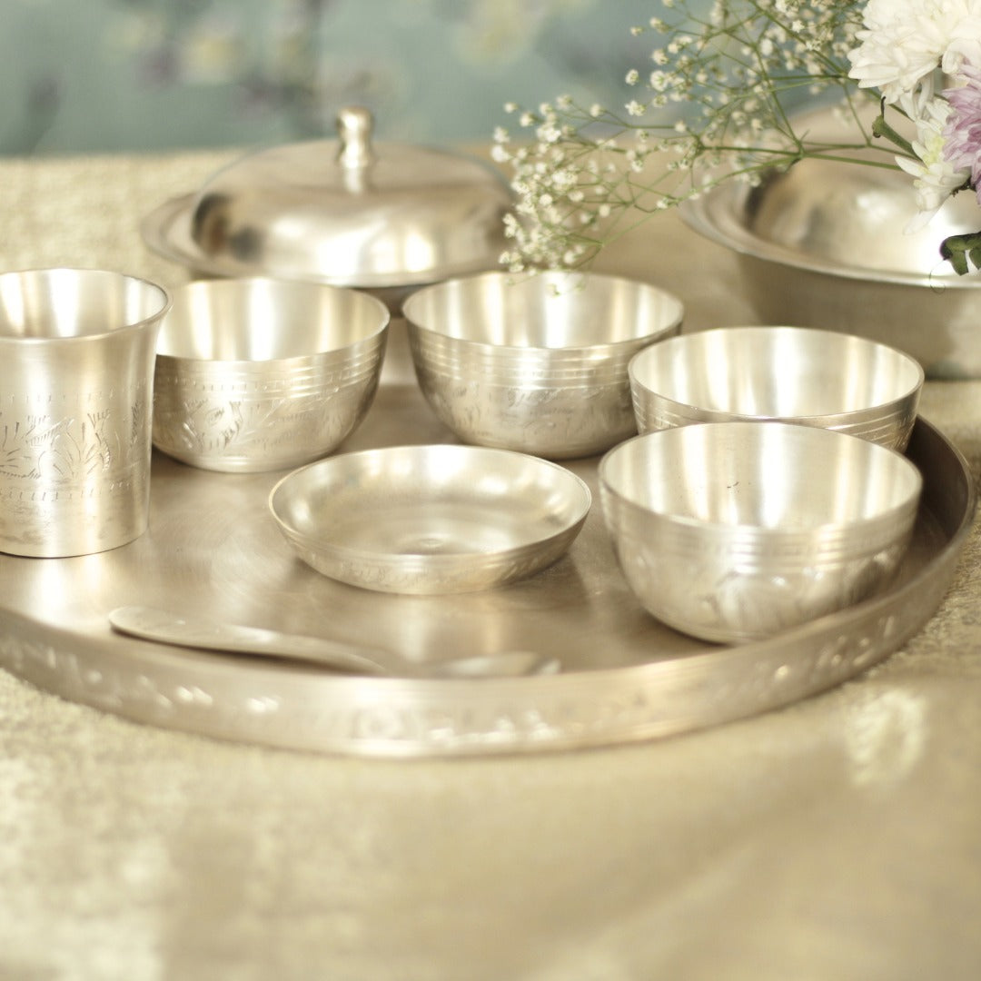 Engraved Pure Silver Plated Kansa Thali Set – Elegant Gift for Festive & Wedding Occasions