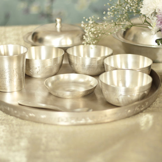 Engraved Pure Silver Plated Kansa Thali Set – Elegant Gift for Festive & Wedding Occasions