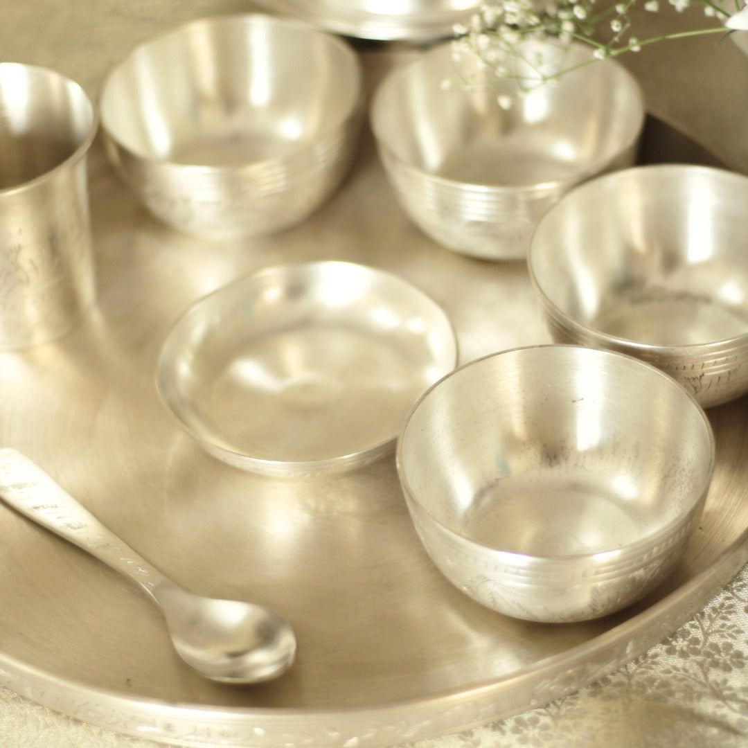 Engraved Pure Silver Plated Kansa Thali Set – Elegant Gift for Festive & Wedding Occasions