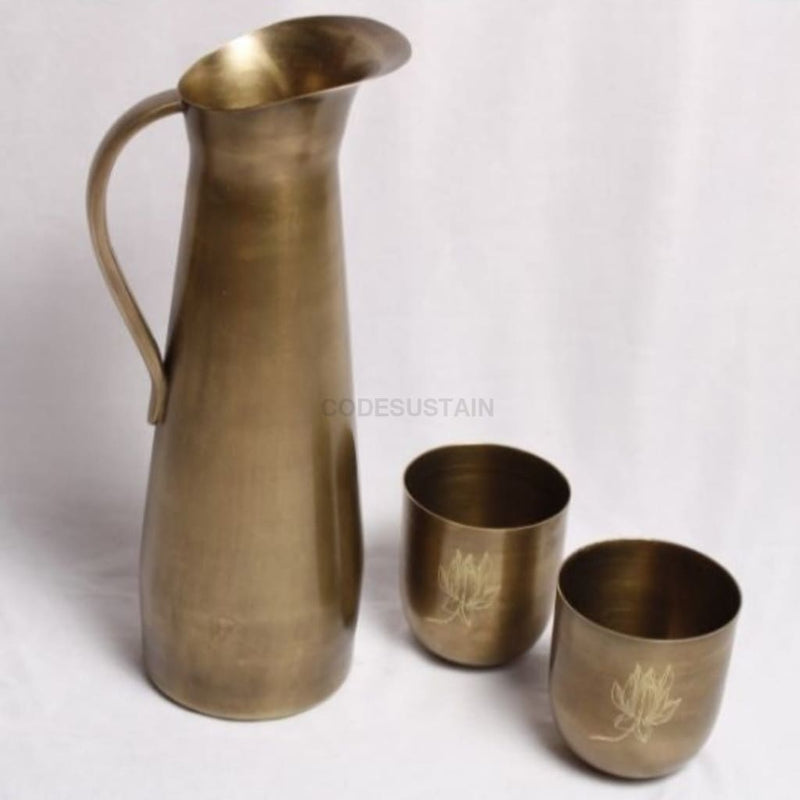 Sudha Antique Brass Water Jug | Pitcher with 2 Tumbler - Codesustain