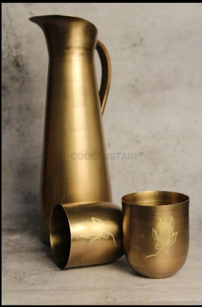 Sudha Antique Brass Water Jug | Pitcher with 2 Tumbler - Codesustain