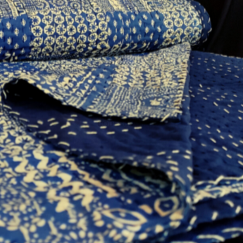 Kosa's Blue Indigo Print Quilting Kantha Original Handmade Kantha | Handstitched Quilt |Bedspread - Codesustain