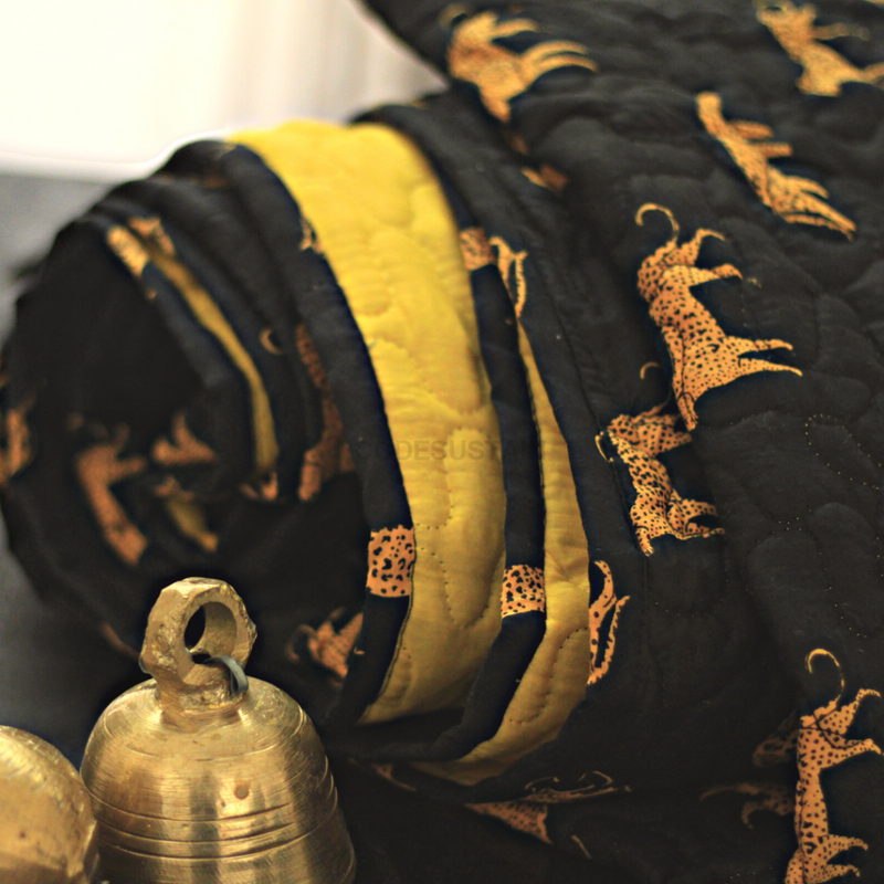 Kosa Bohemian Hand Block Printed Cotton Quilt | Razai - Black Leopard Print Beds & Accessories