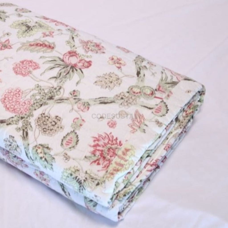 Kosa Bohemian Hand Block printed Cotton Quilt | Razai - White Floral - Codesustain