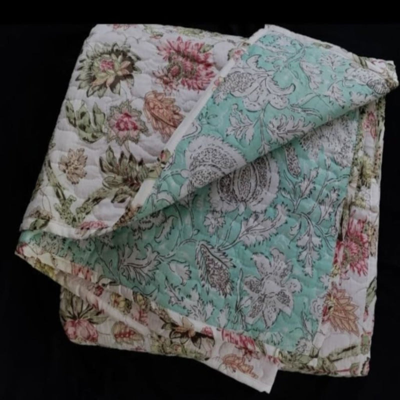 Kosa Bohemian Hand Block printed Cotton Quilt | Razai - White Floral - Codesustain