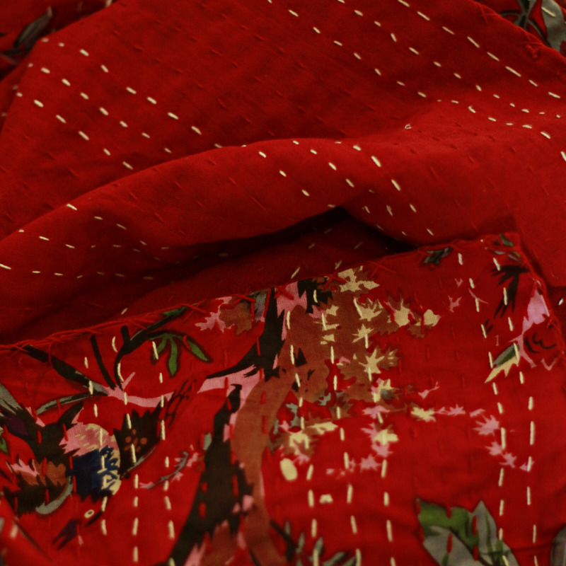 Kosa Bohemian Hand Block Printed Cotton Quilt | Razai - Red Bird Print