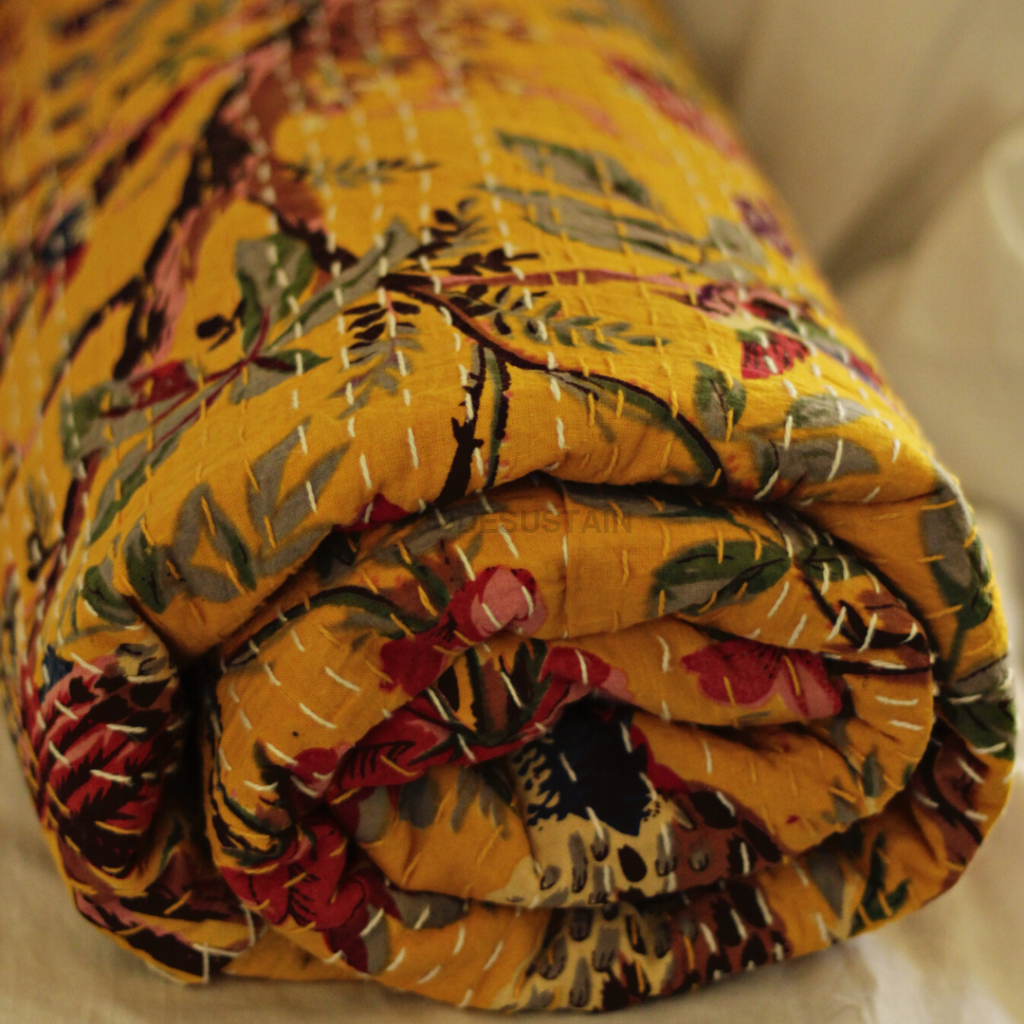 Kosa Bohemian Hand Block Printed Cotton Quilt | Razai - Vibrant Yellow Leopard Print