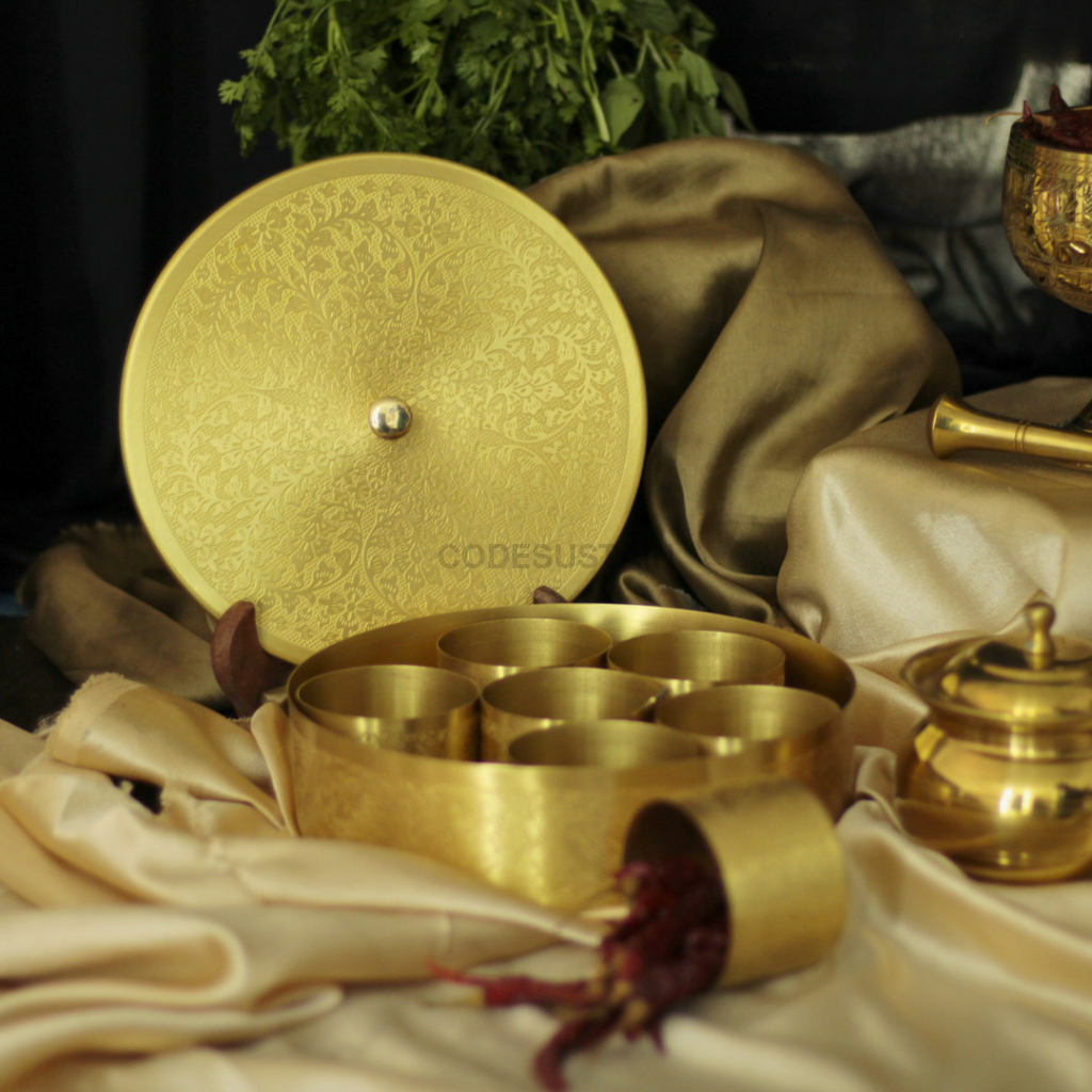Brass Kitchen Essentials Starter Kit - Engraved Masala Box Mortar Pestle & Ghee Pot | Gift Box Kitchenware