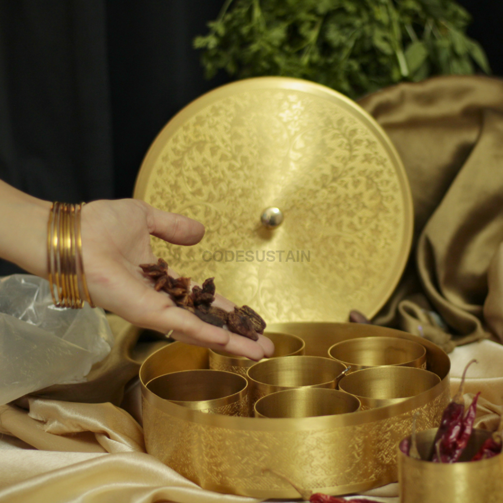 Brass Kitchen Essentials Starter Kit - Engraved Masala Box Mortar Pestle & Ghee Pot | Gift Box Kitchenware