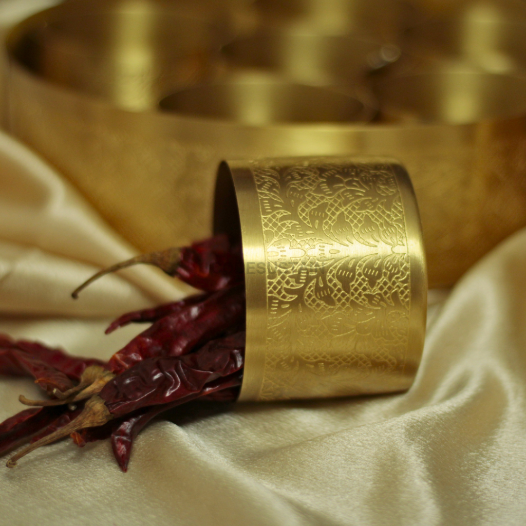 Brass Kitchen Essentials Starter Kit - Engraved Masala Box Mortar Pestle & Ghee Pot | Gift Box Kitchenware