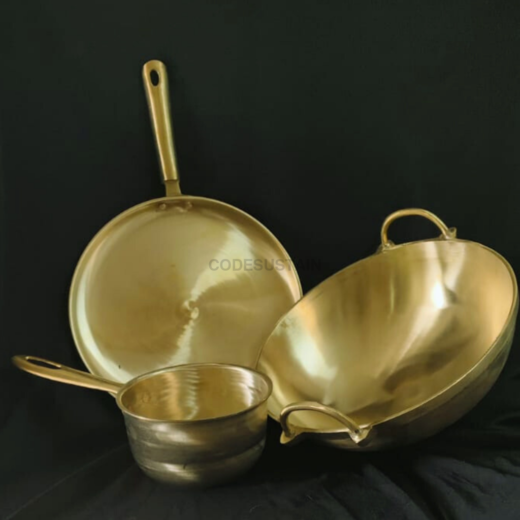 Buy Handmade Kansa Cookware Online | Bronze Kadai Tawa And Milk Pan