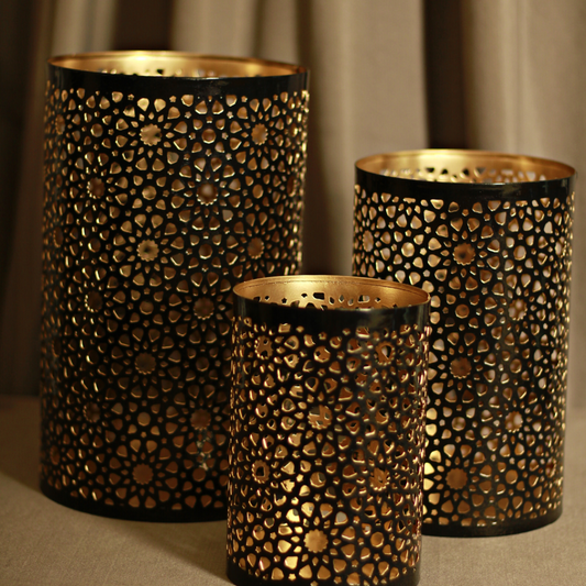 Black Gold Metal Flower Jali Pattern - Set Of 3 Candle Holder