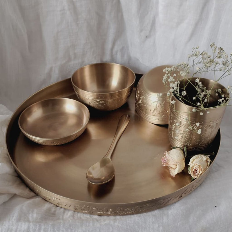 Ayās Engraved Kansa Dinner Thali set l Thathera Bronze Dinner Thali Set - Codesustain