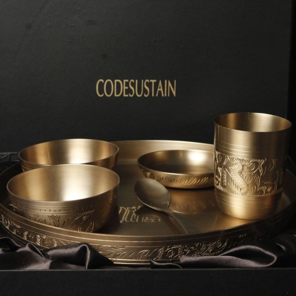 Ayās Engraved KansaThali set l Thathera Bronze Dinner Thali Set - Codesustain
