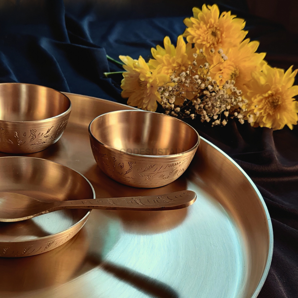 Engraved Kansa Thali Set | Hand made Pure Bronze Dinner Set