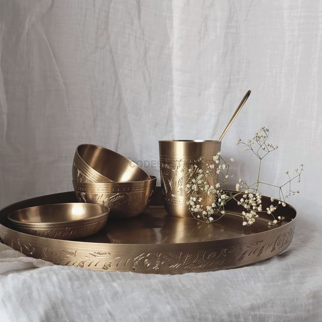 Ayās Engraved Kansa Dinner Thali set l Thathera Bronze Dinner Thali Set - Codesustain