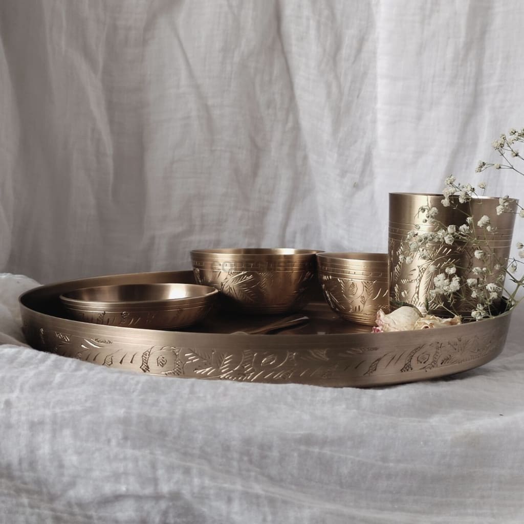 Ayās Engraved Kansa Dinner Thali set l Thathera Bronze Dinner Thali Set - Codesustain