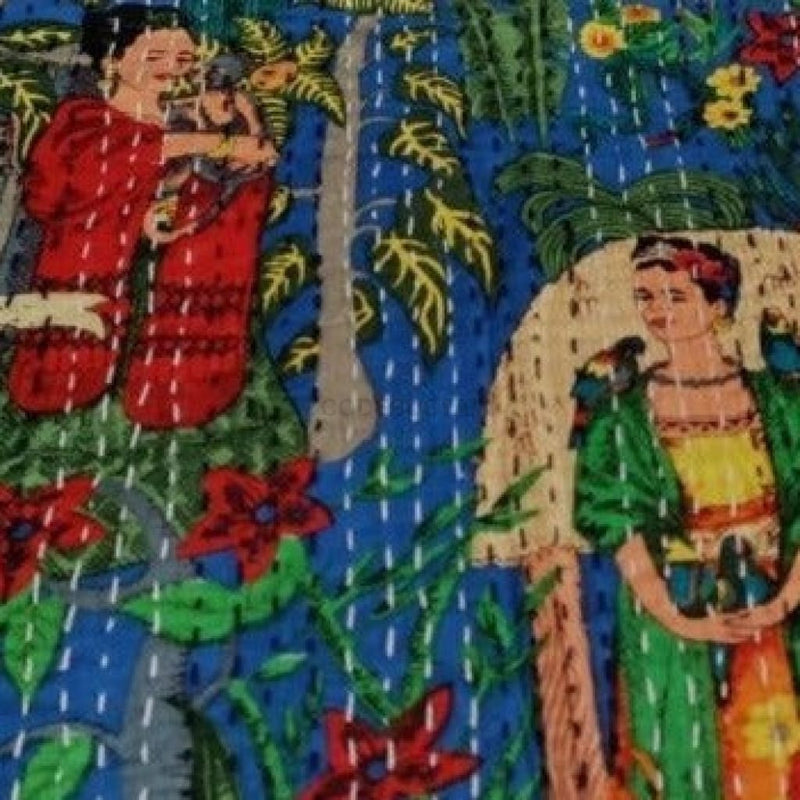 Kosa's Frida Kahlo Bohemian Printed Cotton Quilted Blanket | Handmade Kantha Work Bedspread | Bed Decor - Codesustain