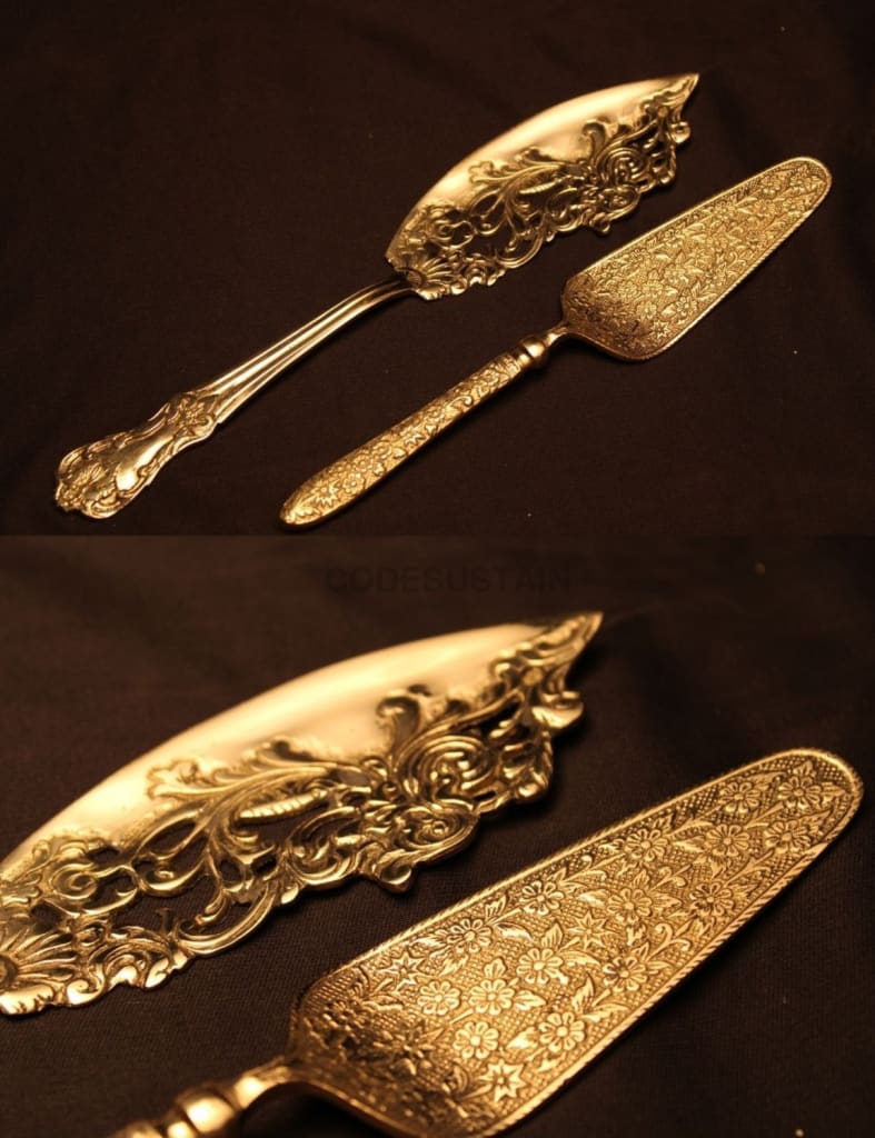 Brass Bakeware Icing &Spatulas | Cake Server| Pizza Server| Pie Server| Wedding Cake Knife and Server Set of 2 - Codesustain