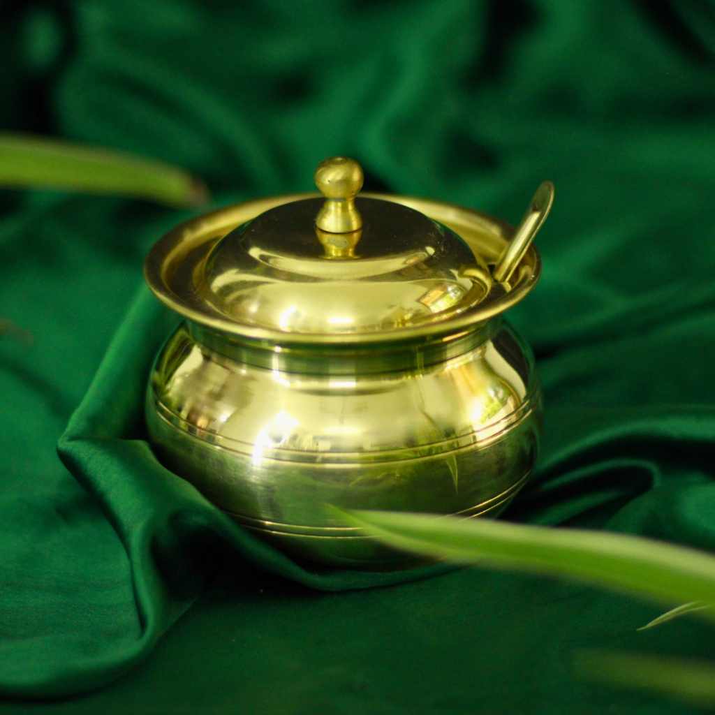 Golden Vintage Pure Brass Ghee Pot with Lid and Spoon Online ...