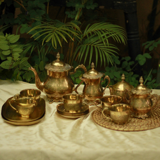 Gold Brass High Tea Set with 6 Cup Saucers | Tea Set with Gift Box with 16 pcs | English Tea Set Drinkware