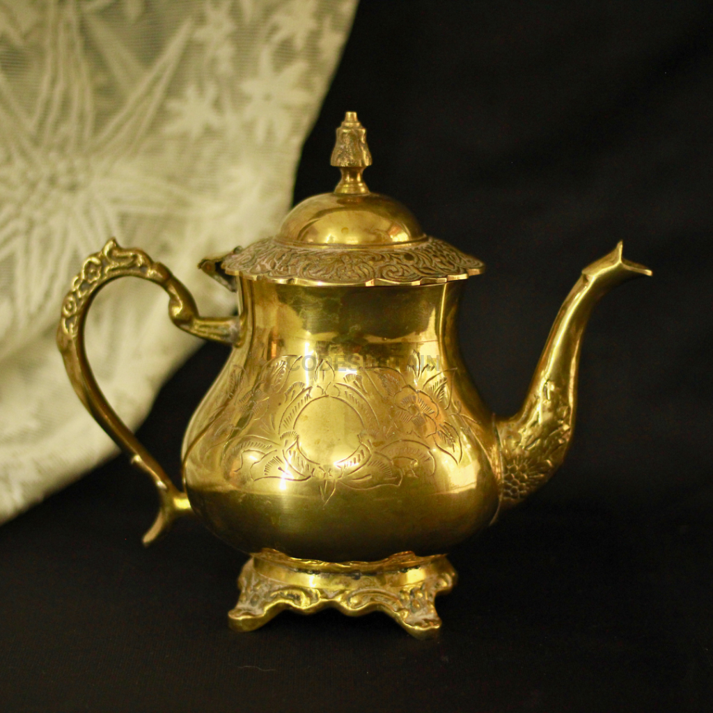 Gold Brass High Tea Set with 6 Cup Saucers | Tea Set with Gift Box with 16 pcs | English Tea Set Drinkware