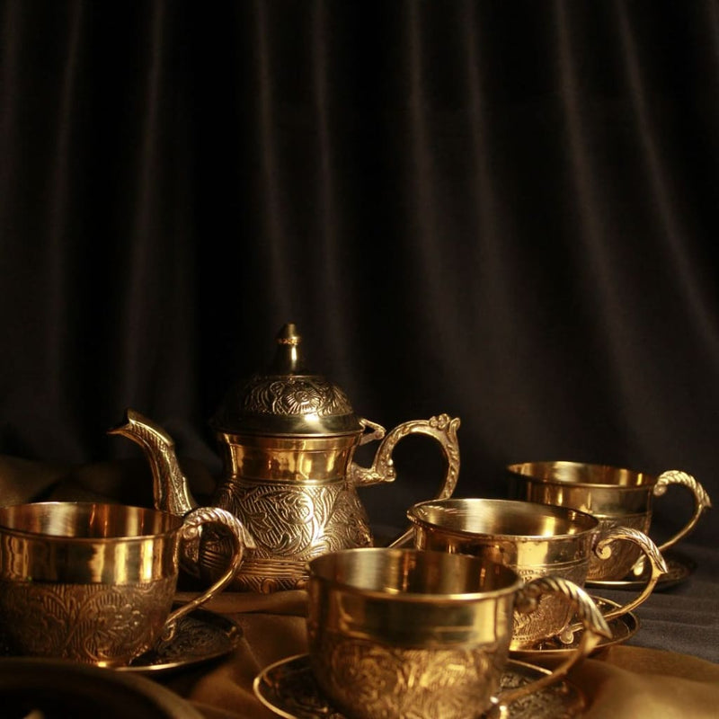 Gold Brass Tea Set | Coffee Beverage Pot With Set Of 4
