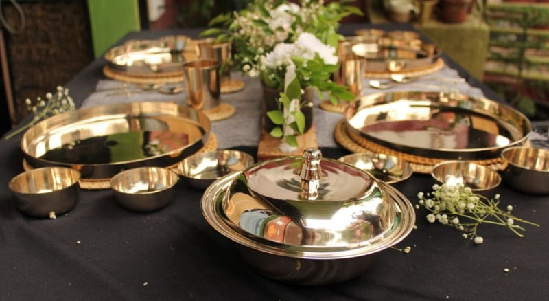 Ayās Golden Bronze Thali | Luxury Kansa Thali Set | 12 Inches (1 Set of 7) - Codesustain