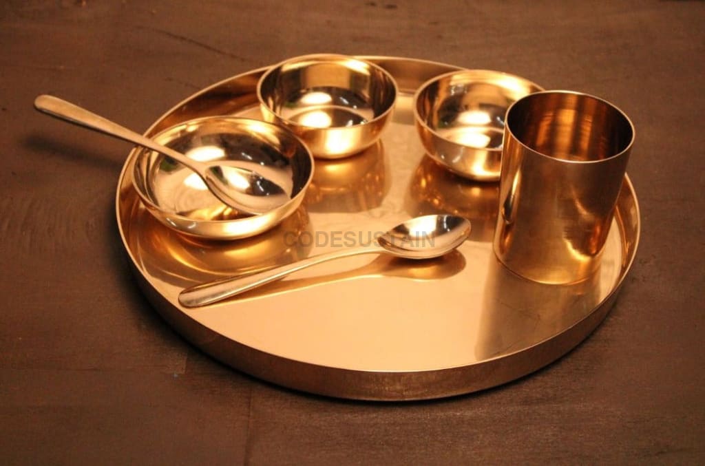 Ayās Golden Bronze Thali | Luxury Kansa Thali Set | 12 Inches (1 Set of 7) - Codesustain