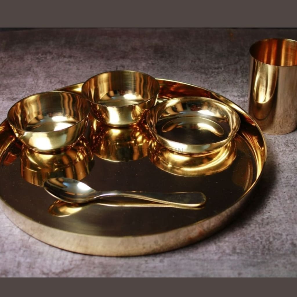 Ayās Golden Bronze Thali | Luxury Kansa Thali Set | 12 Inches (1 Set of 7) - Codesustain