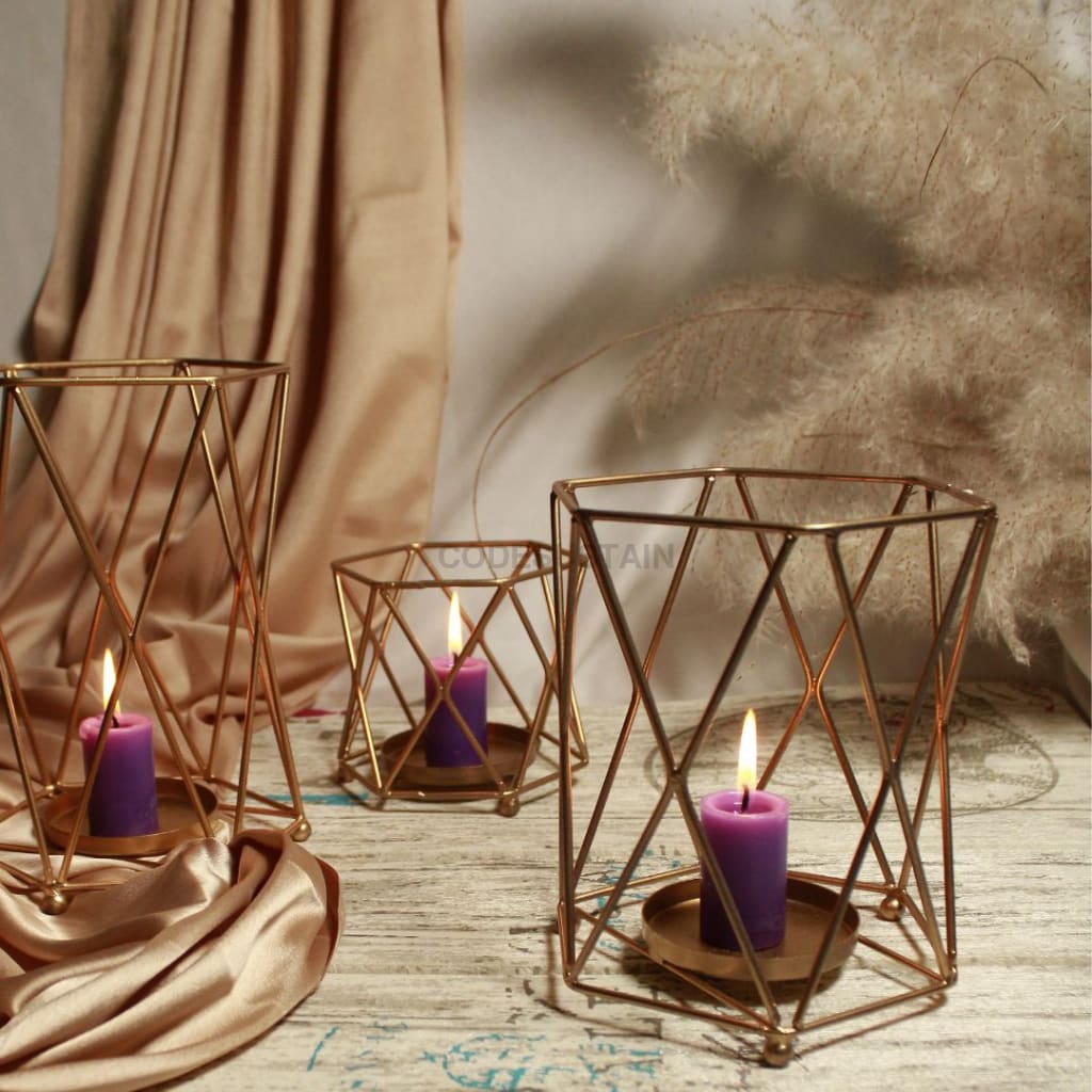 Golden Iron Hexagonal Candle Holder - Set Of 3