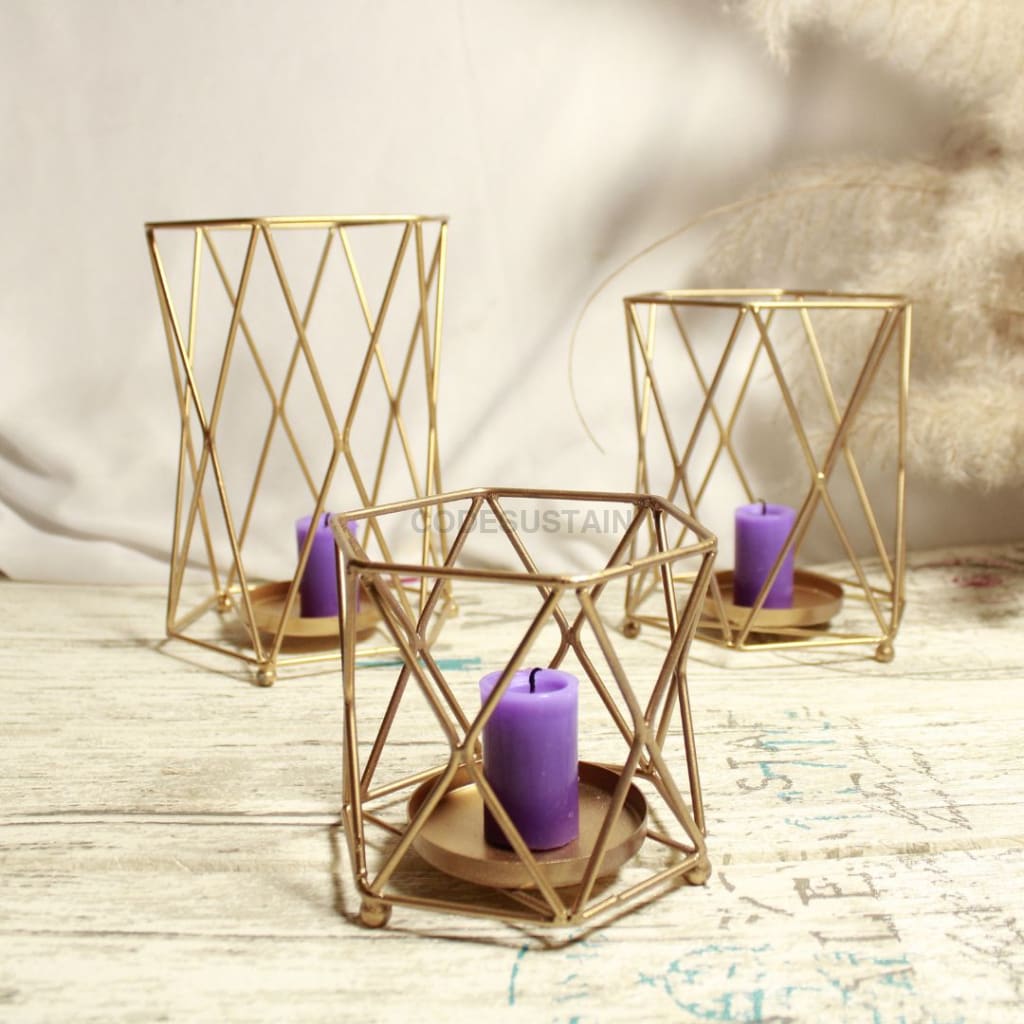 Golden Iron Hexagonal Candle Holder - Set Of 3