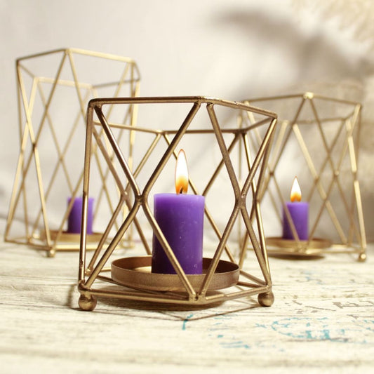Golden Iron Hexagonal Candle Holder - Set Of 3