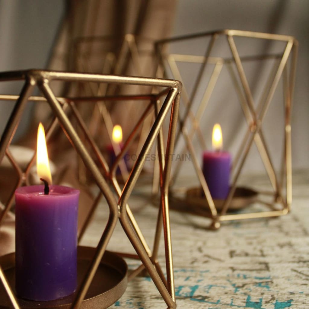 Golden Iron Hexagonal Candle Holder - Set Of 3