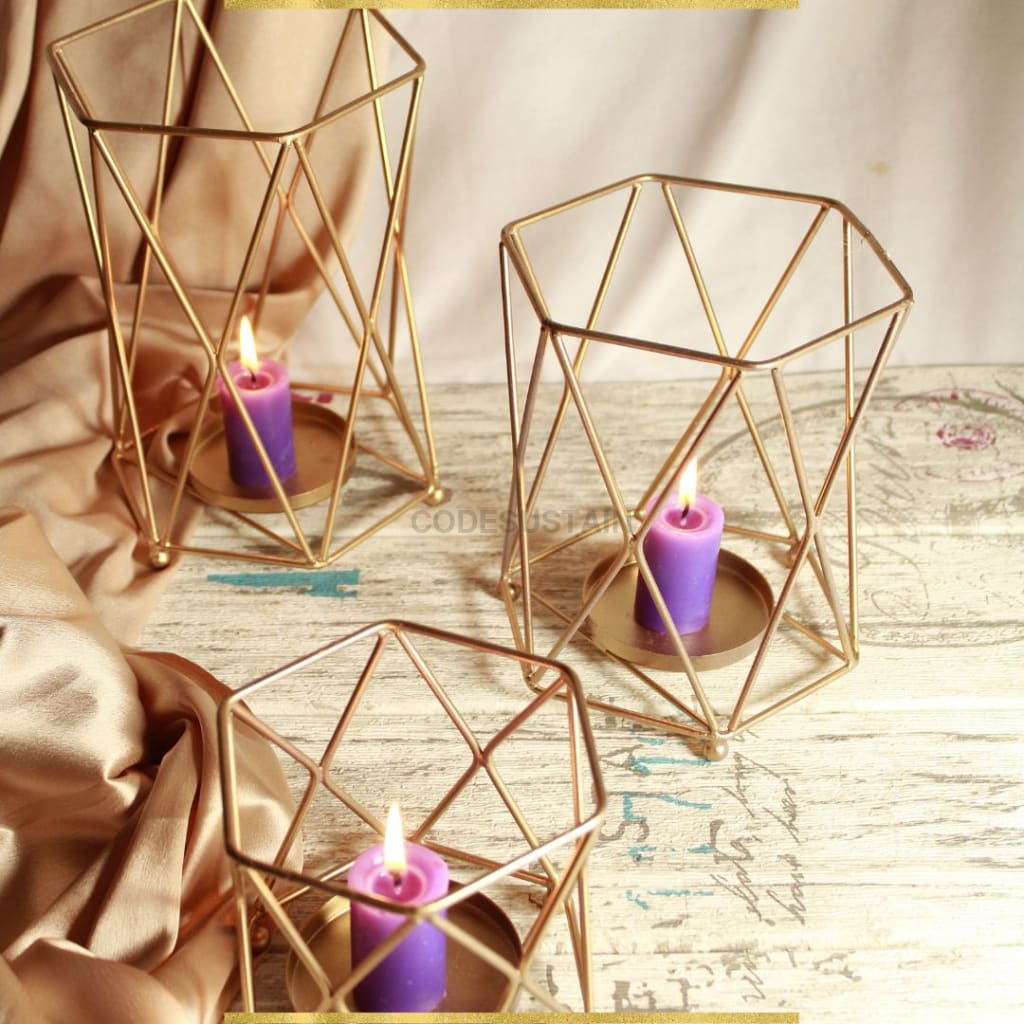 Golden Iron Hexagonal Candle Holder - Set Of 3