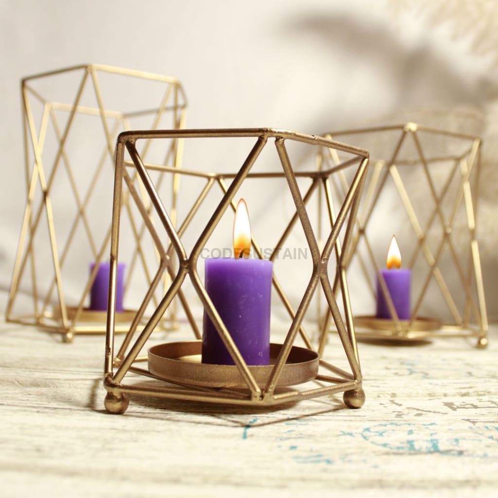 Golden Iron Hexagonal Candle Holder - Set Of 3