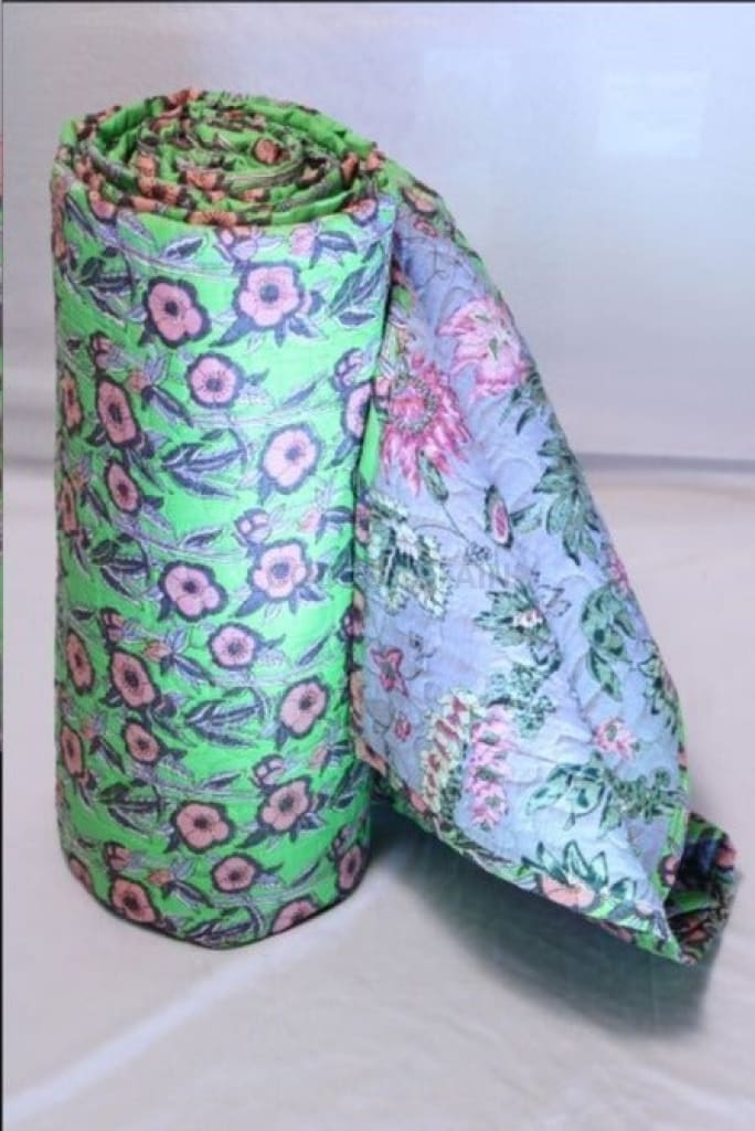 Kosa Hand Block printed Cotton Quilt | Razai | Reversible -  Green Floral - Codesustain