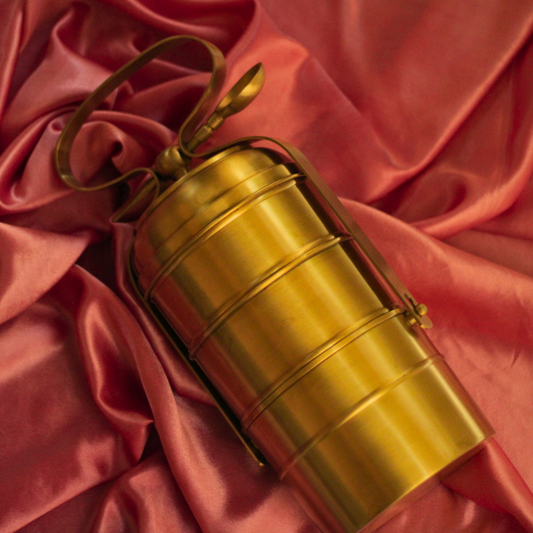 Handmade Brass Tiffin Box with Spoon | 3 layer Tiffin Box Serveware