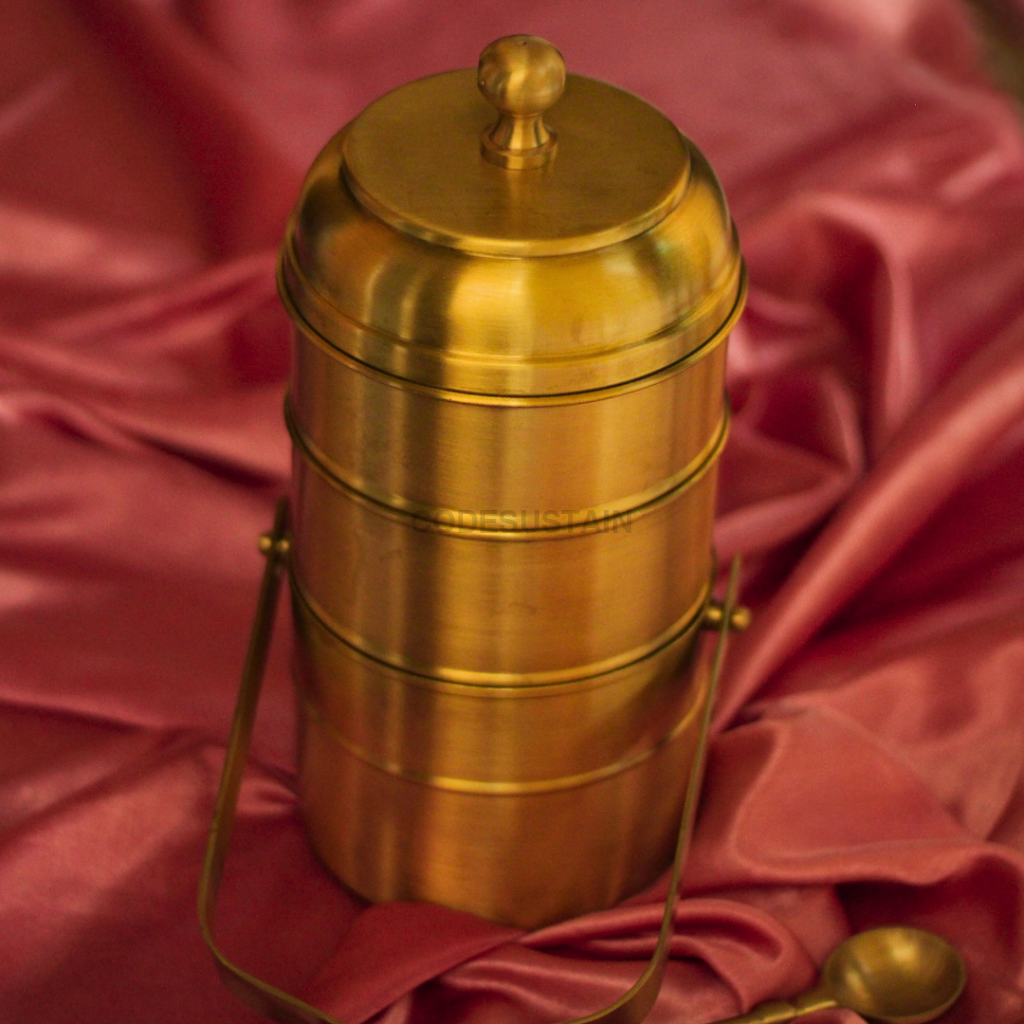 Handmade Brass Tiffin Box with Spoon | 3 layer Tiffin Box Serveware