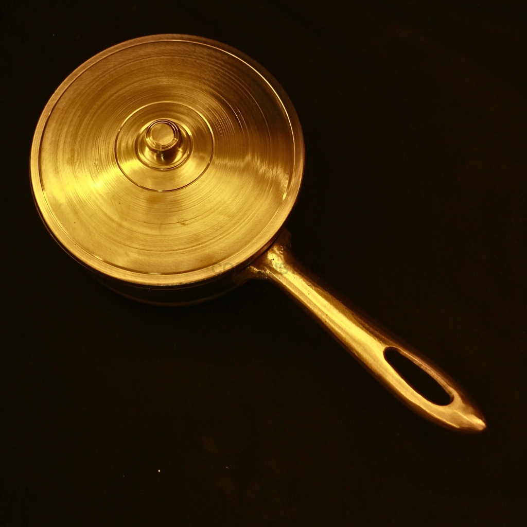 Handmade Bronze Sauce Pan | Kansa Milk Pan with lid Cookware