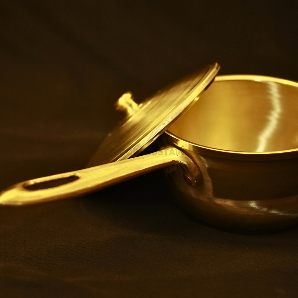 Handmade Bronze Sauce Pan | Kansa Milk Pan with lid Cookware