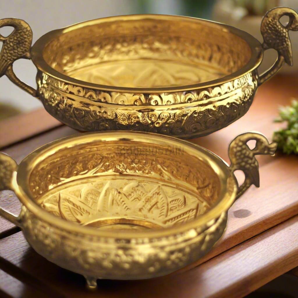 Gold Brass Peacock Urli With Gift Box Puja Item