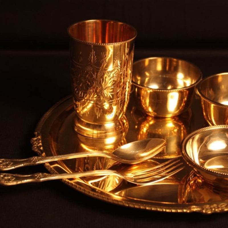 Pure Brass Thali Set | Dinner Set | Engraved Flowers Design - 7 Pieces Pital