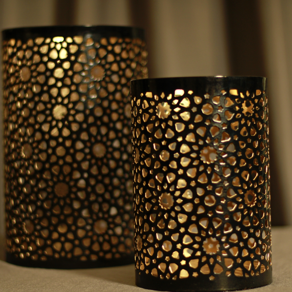 Black Gold Metal Flower Jali Pattern - Set Of 3 Candle Holder