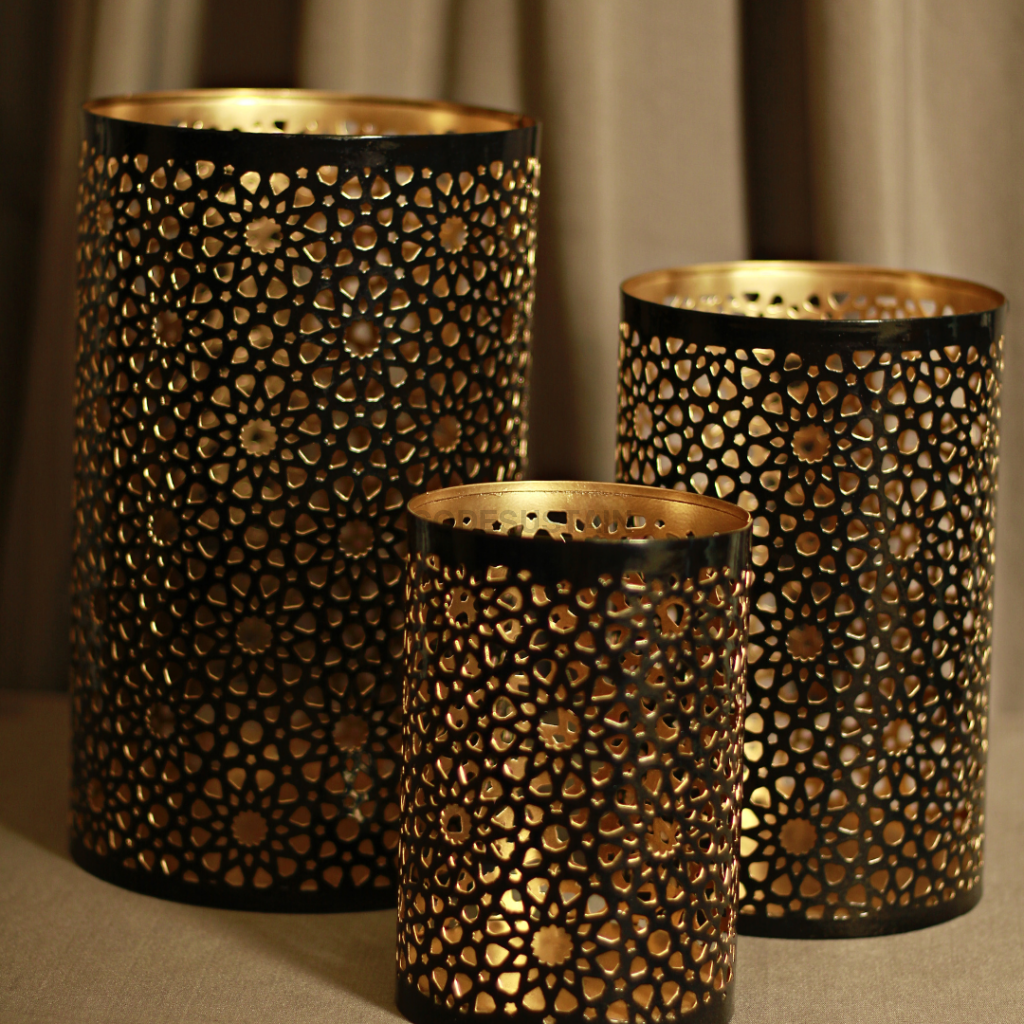 Black Gold Metal Flower Jali Pattern - Set Of 3 Candle Holder