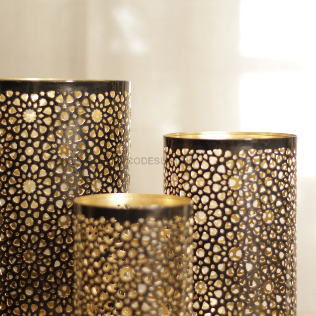 Black Gold Metal Flower Jali Pattern - Set Of 3 Candle Holder