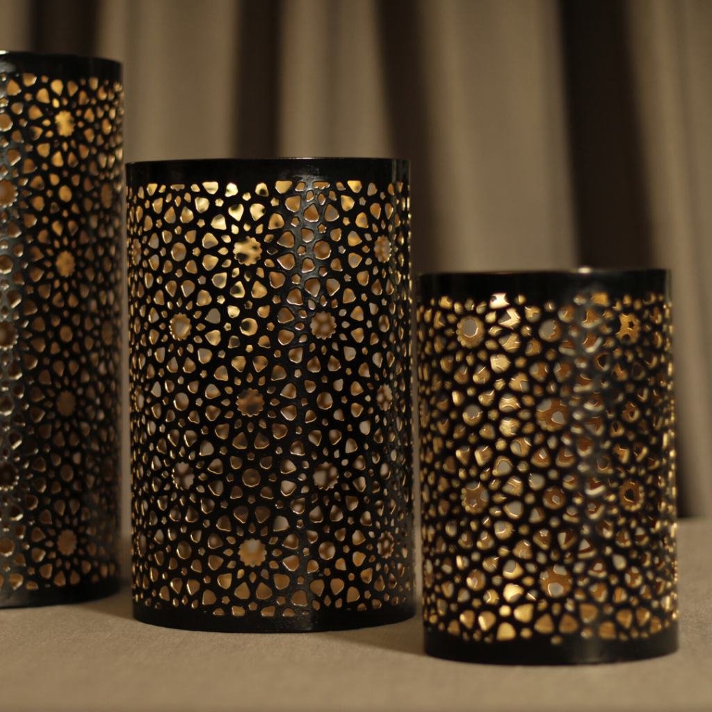 Black Gold Metal Flower Jali Pattern - Set Of 3 Candle Holder