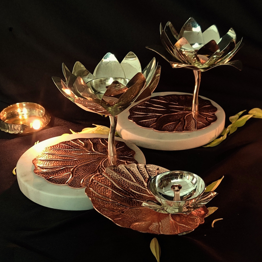 Luxury Copper Lotus Diya Stands with Marble Base | Large Diya Holders | Set of 3 for Prosperity and Calm CANDLE HOLDER