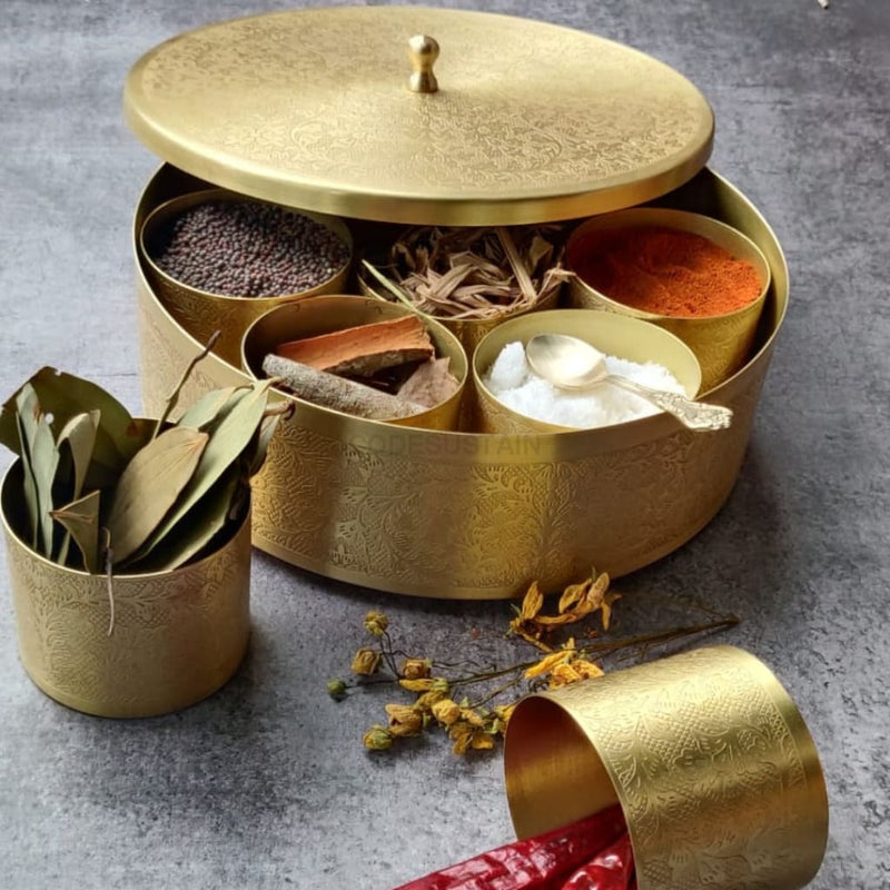 Ayās Pure Brass Large Masala Box | Spice Box | 8 inches - Codesustain